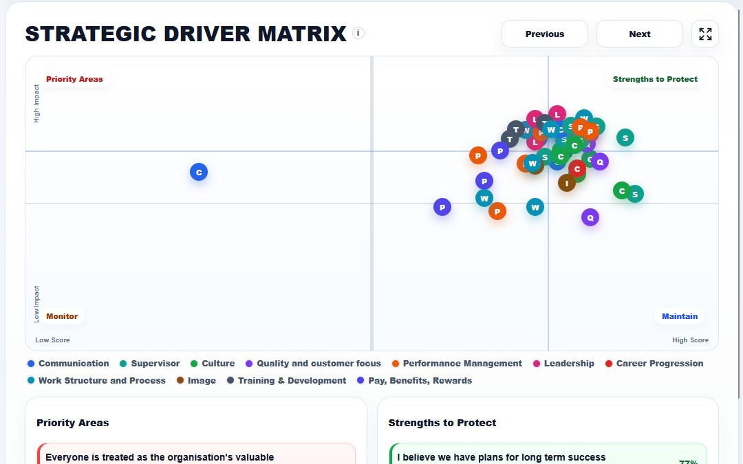SurveyNexus strategic driver matrix mapping scores against organisational impact